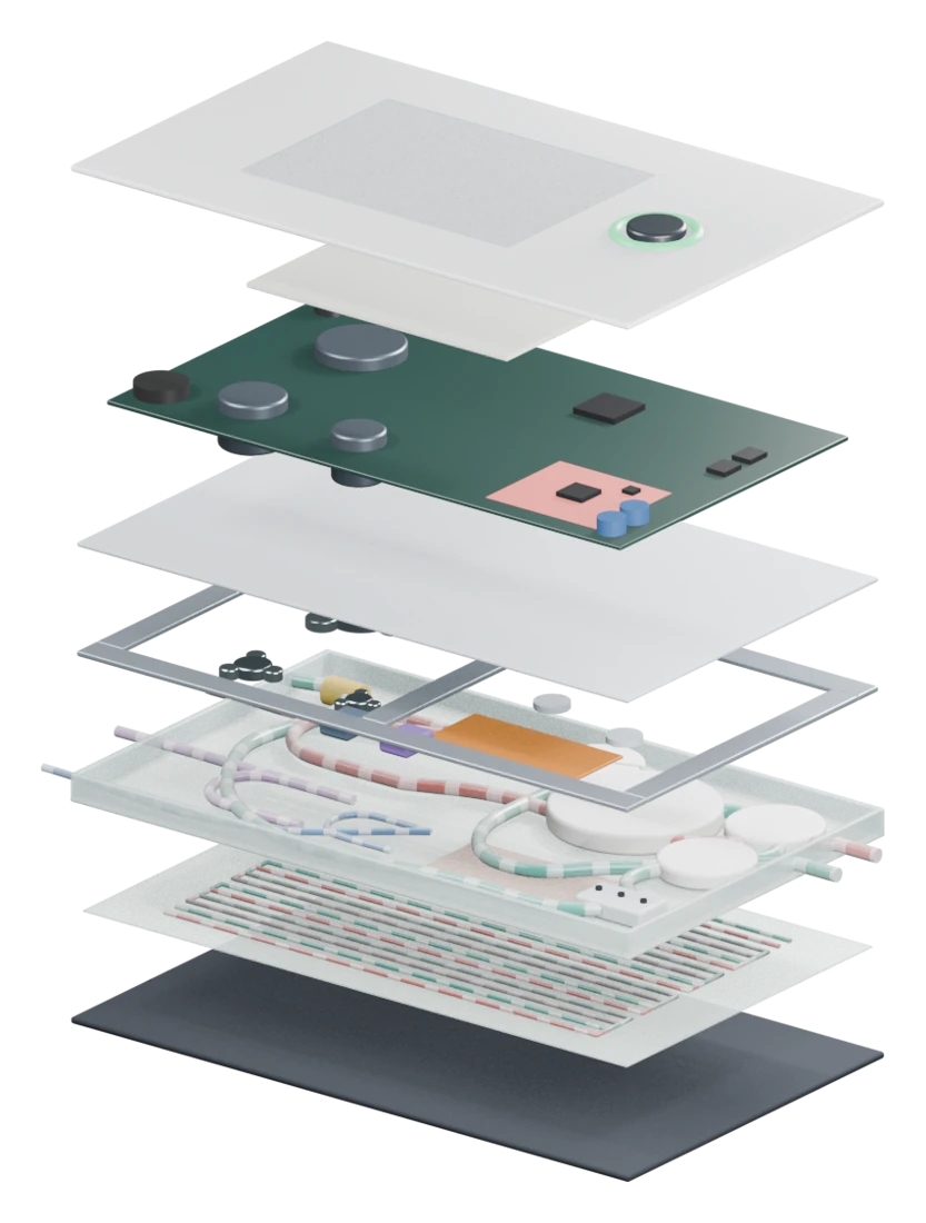 BD Front Module in an exploded pose showing its enclosure, electronics and mechanical layers.